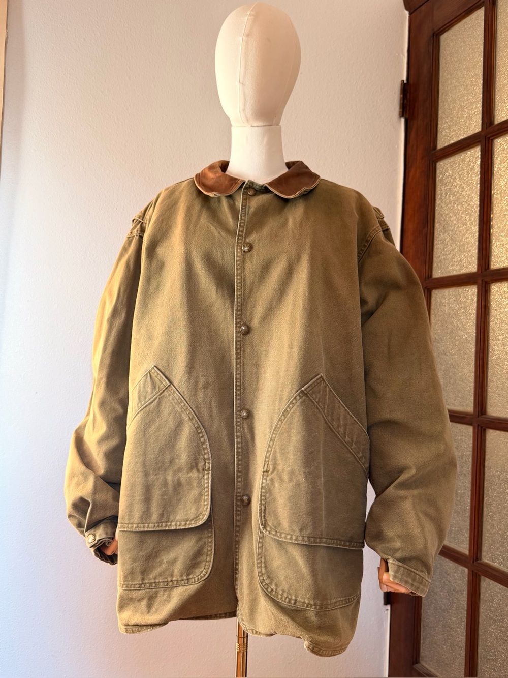 Vintage WOOLRICH Olive Chore Coat Blanket Lined Metal Button Front Size L
